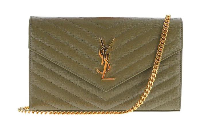 SAINT LAURENT Cassandre Leather Chain Wallet, Shoulder Bag, Crossbody Bag Women's Green 377828-BOW01-3344 size 22.5*14*4cm