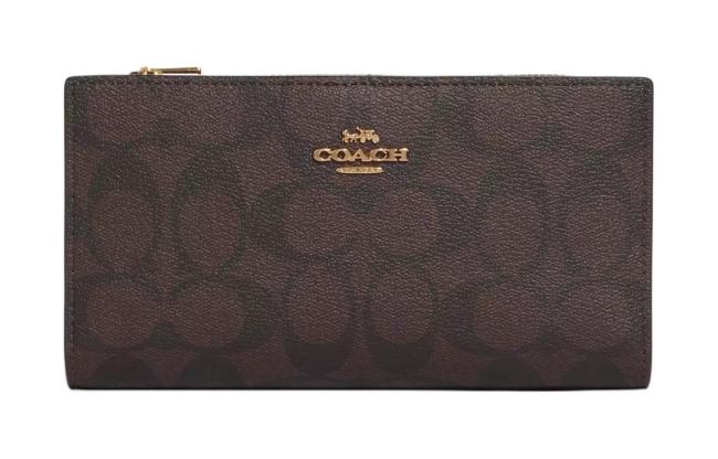 COACH Slim Wallet Canvas With Leather Clutch Wallet Small Women's Dark Brown C8714-IMAA8 Length: 17.78cm, Height: 9.53cm