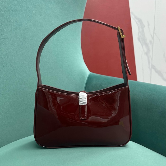 SAINT LAURENT Le 5 A 7 Patent Leather Hobo Bag, Saddle Bag, Handbag, Shoulder Bag Mini Women's Dark Burgundy 657228-B870W-6413 L23 W6.5 H16cm