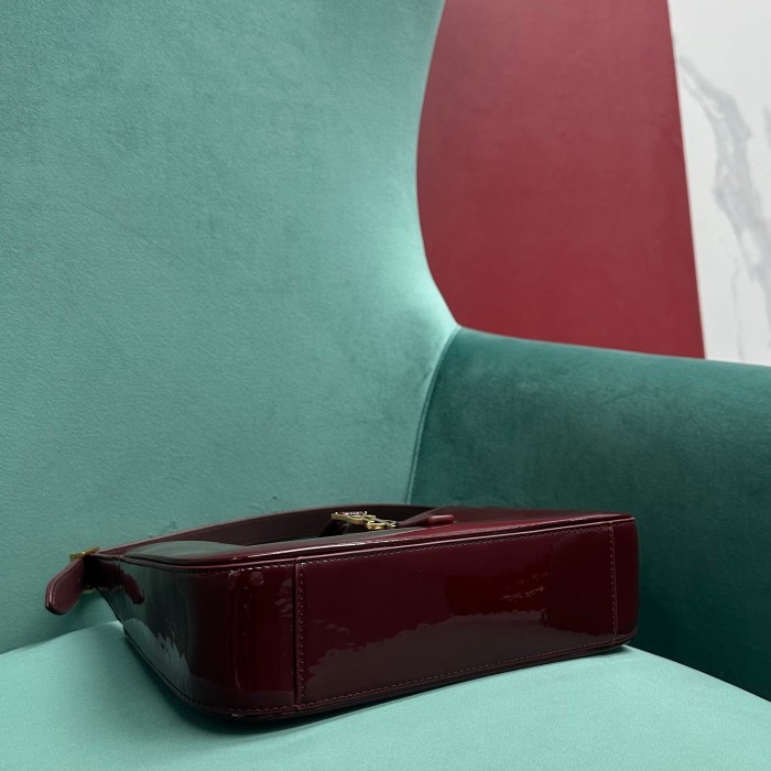 SAINT LAURENT Le 5 A 7 Patent Leather Hobo Bag, Saddle Bag, Handbag, Shoulder Bag Mini Women's Dark Burgundy 657228-B870W-6413 L23 W6.5 H16cm