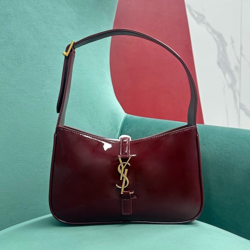 SAINT LAURENT Le 5 A 7 Patent Leather Hobo Bag, Saddle Bag, Handbag, Shoulder Bag Mini Women's Dark Burgundy 657228-B870W-6413 L23 W6.5 H16cm