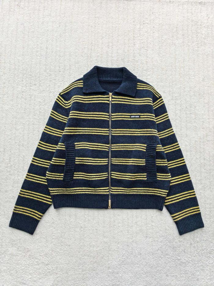 MIU MIU Sweaters Women's Marine Blue & Yellow Lapel Moderate Straight Fit
