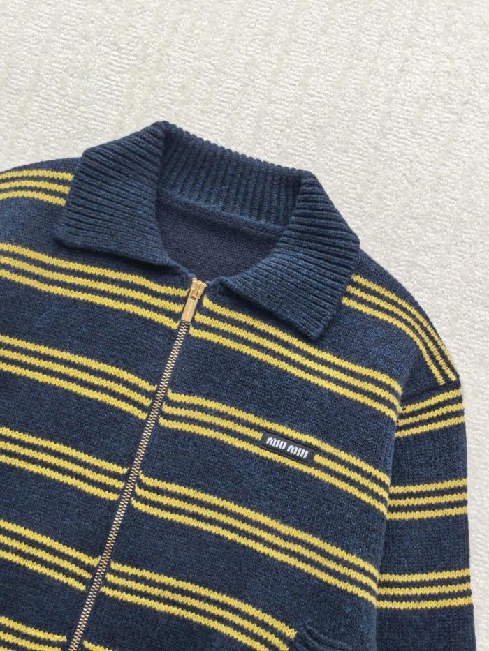 MIU MIU Sweaters Women's Marine Blue & Yellow Lapel Moderate Straight Fit
