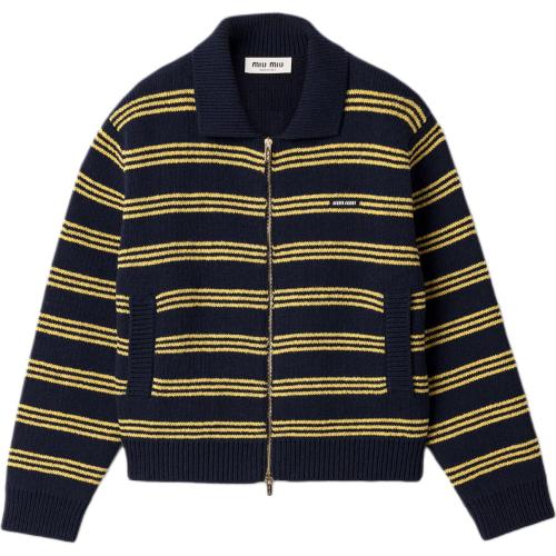 MIU MIU Sweaters Women's Marine Blue & Yellow Lapel Moderate Straight Fit