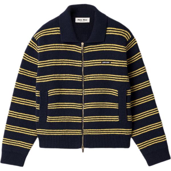 MIU MIU Sweaters Women's Marine Blue & Yellow Lapel Moderate Straight Fit