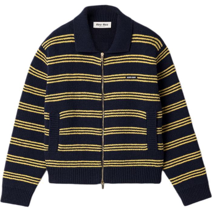 MIU MIU Sweaters Women's Marine Blue & Yellow Lapel Moderate Straight Fit