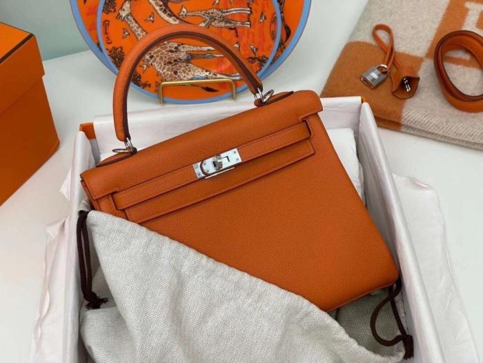 HERMES Kelly Togo Calfskin Kelly Bag, One Shoulder Handbag 25 Women's 18 Orange Hermes Orange L25cm W7cm H17cm 