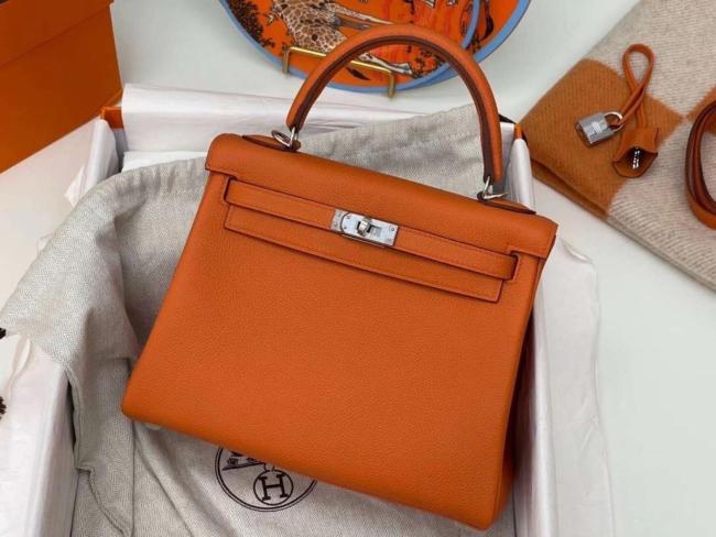 HERMES Kelly Togo Calfskin Kelly Bag, One Shoulder Handbag 25 Women's 18 Orange Hermes Orange L25cm W7cm H17cm 