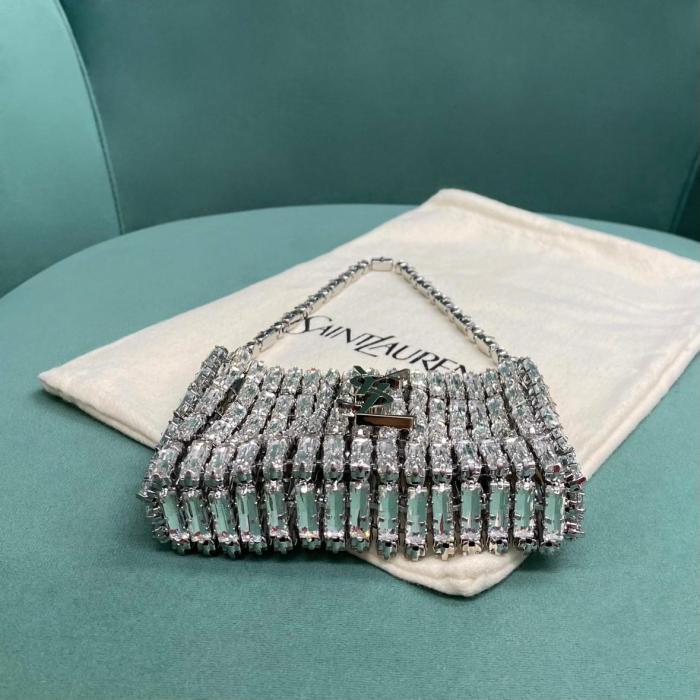 SAINT LAURENT Magnetic Closure Rhinestone Evening Bag Handbag Mini Women's Silver 788380-JBO7N-8926 L11.5*W2.5*H8.5 cm