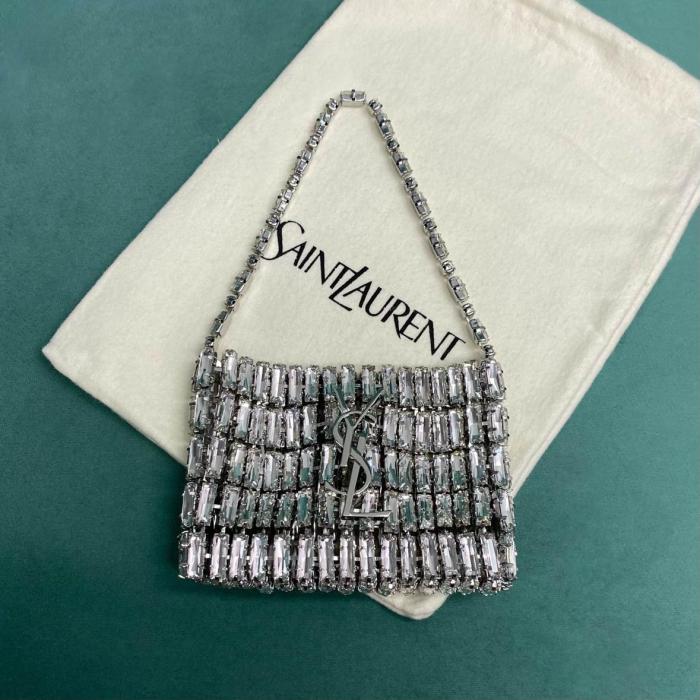 SAINT LAURENT Magnetic Closure Rhinestone Evening Bag Handbag Mini Women's Silver 788380-JBO7N-8926 L11.5*W2.5*H8.5 cm