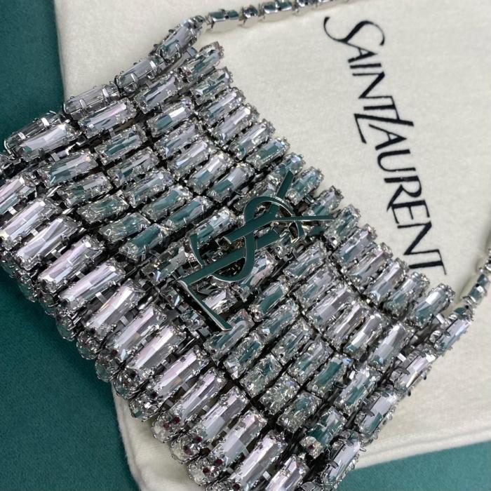 SAINT LAURENT Magnetic Closure Rhinestone Evening Bag Handbag Mini Women's Silver 788380-JBO7N-8926 L11.5*W2.5*H8.5 cm