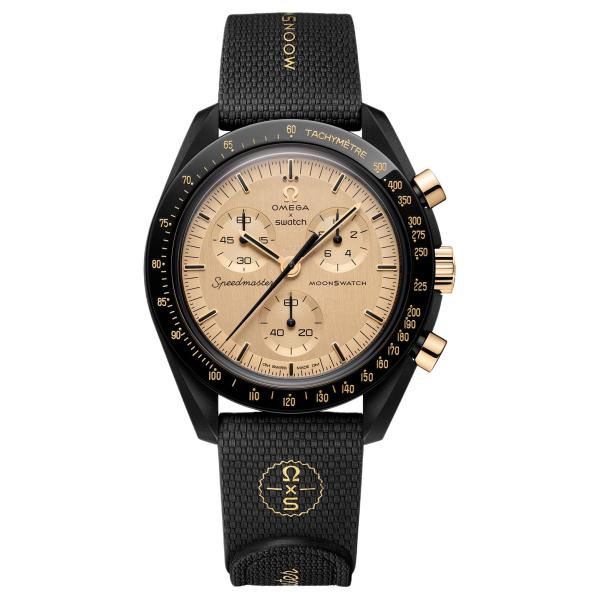 Swatch × OMEGA MoonSwatch Collection –  Mission to the Moon  (1969 Edition) – Quartz Movement – ​​11g Gold Construction – Men's Watch – Swiss Made – 42mm – Gold Dial – Innovative Bioceramic Case – Rubber Strap