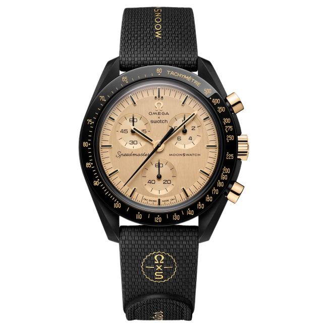 Swatch × OMEGA MoonSwatch Collection –  Mission to the Moon  (1969 Edition) – Quartz Movement – ​​11g Gold Construction – Men's Watch – Swiss Made – 42mm – Gold Dial – Innovative Bioceramic Case – Rubber Strap