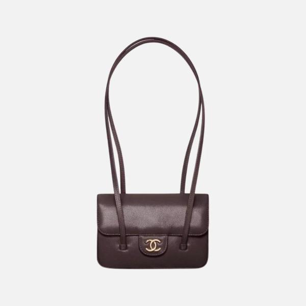 CHANEL Grain Embossed Shiny Calfskin & Gold Metal Flap Bag Shoulder Bags Small Women's Dark Brown AS6130-B23483-U8383 size L22cm W7cm H15cm