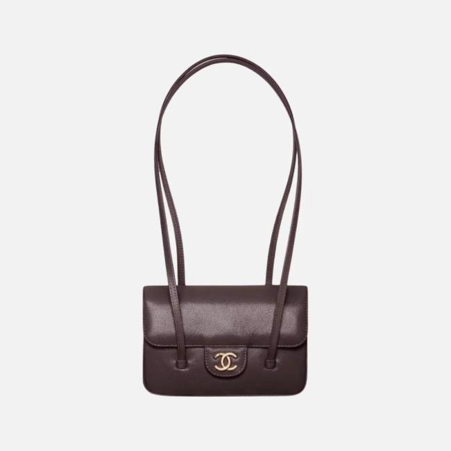 CHANEL Grain Embossed Shiny Calfskin & Gold Metal Flap Bag Shoulder Bags Small Women's Dark Brown AS6130-B23483-U8383 size L22cm W7cm H15cm