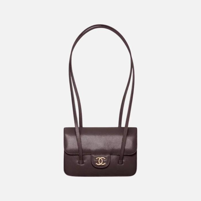 CHANEL Grain Embossed Shiny Calfskin & Gold Metal Flap Bag Shoulder Bags Small Women's Dark Brown AS6130-B23483-U8383 size L22cm W7cm H15cm