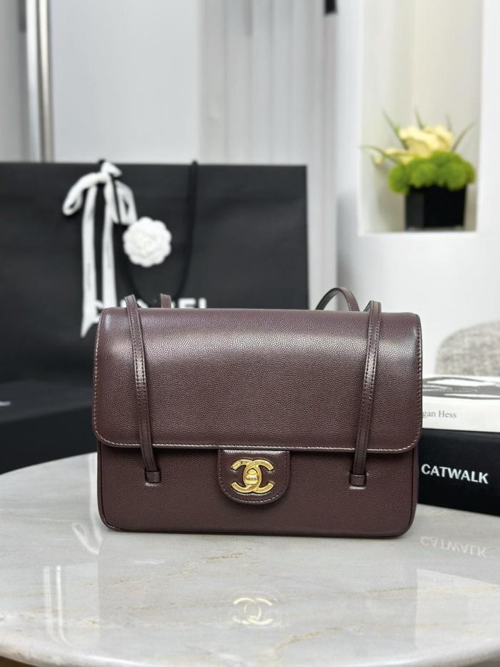 CHANEL Grain Embossed Shiny Calfskin & Gold Metal Flap Bag Shoulder Bags Small Women's Dark Brown AS6130-B23483-U8383 size L22cm W7cm H15cm