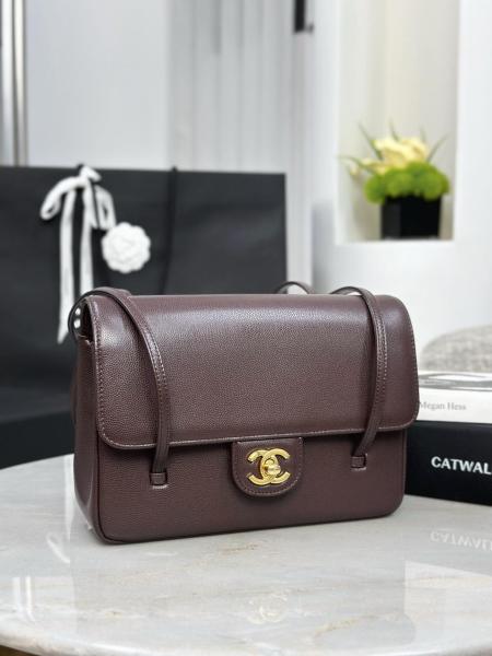 CHANEL Grain Embossed Shiny Calfskin & Gold Metal Flap Bag Shoulder Bags Small Women's Dark Brown AS6130-B23483-U8383 size L22cm W7cm H15cm