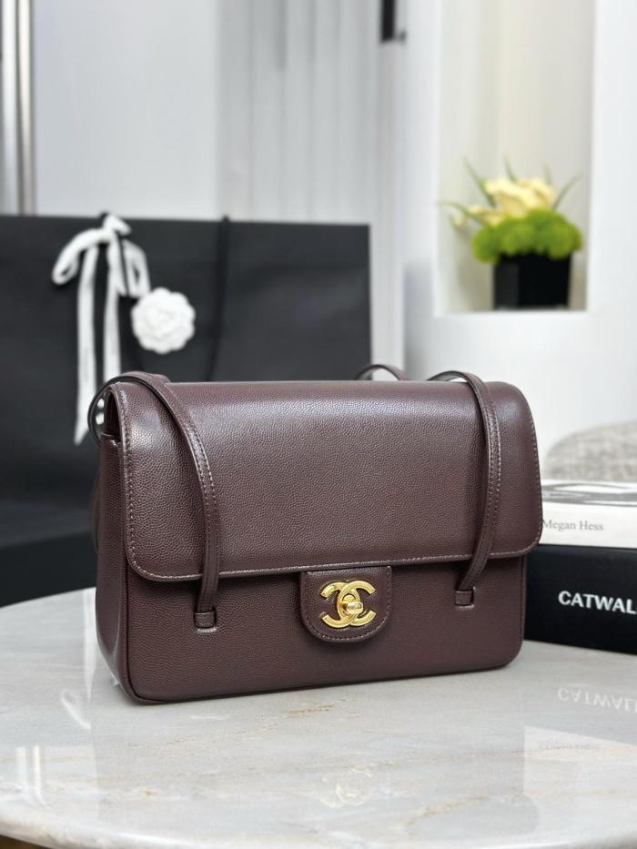 CHANEL Grain Embossed Shiny Calfskin & Gold Metal Flap Bag Shoulder Bags Small Women's Dark Brown AS6130-B23483-U8383 size L22cm W7cm H15cm
