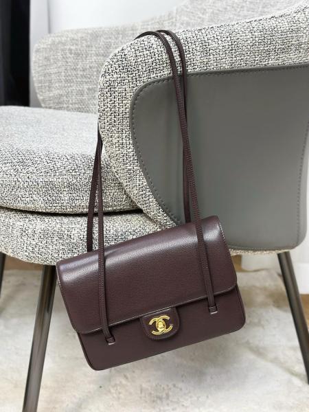 CHANEL Grain Embossed Shiny Calfskin & Gold Metal Flap Bag Shoulder Bags Small Women's Dark Brown AS6130-B23483-U8383 size L22cm W7cm H15cm