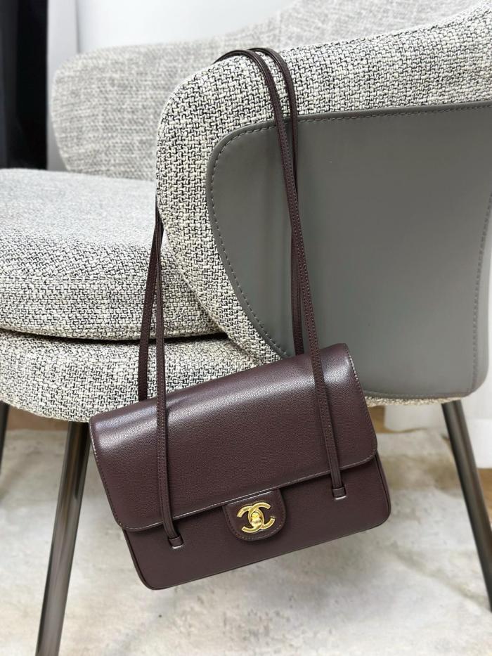 CHANEL Grain Embossed Shiny Calfskin & Gold Metal Flap Bag Shoulder Bags Small Women's Dark Brown AS6130-B23483-U8383 size L22cm W7cm H15cm