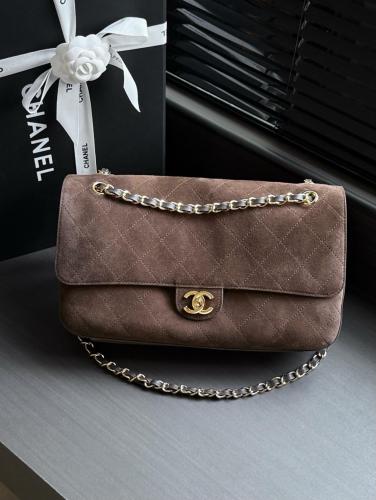 CHANEL Maxi Flap Suede Effect With Cow Leather & Gold Metal Crossbody Bags Extra Large Women's Dark Brown AS6281-B24009-UA850 L32cm W10cm H19.5cm