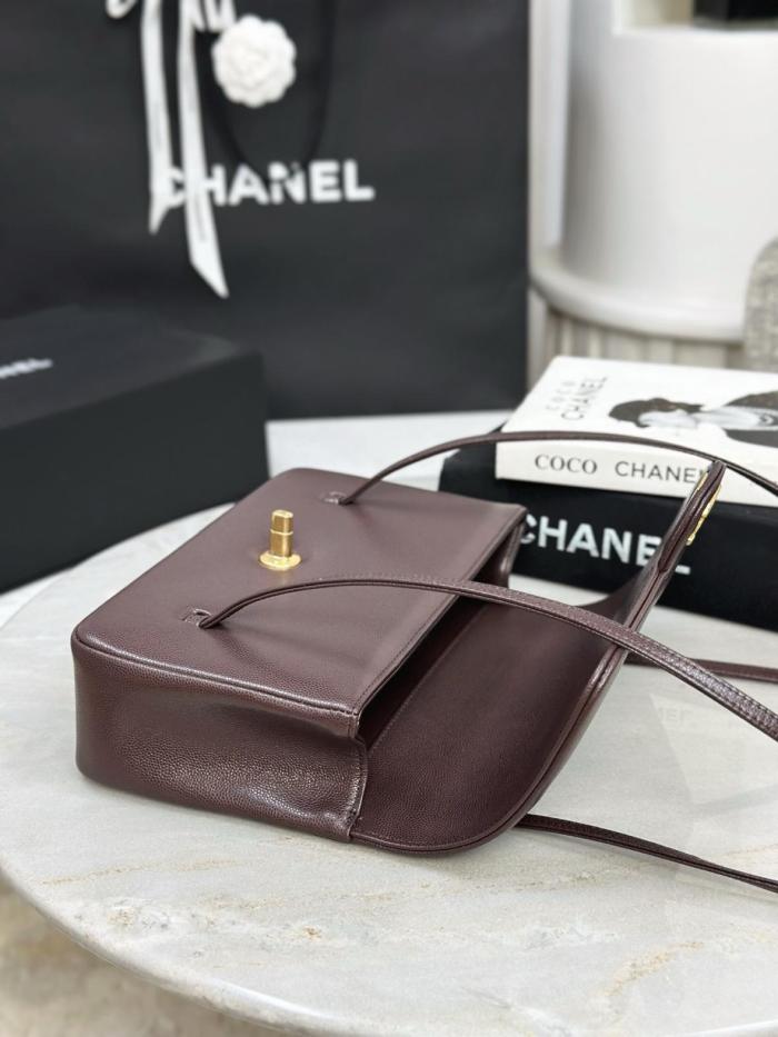 CHANEL Grain Embossed Shiny Calfskin & Gold Metal Flap Bag Shoulder Bags Small Women's Dark Brown AS6130-B23483-U8383 size L22cm W7cm H15cm