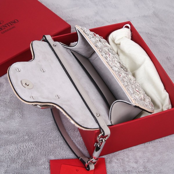 Valentino Locò Crystal Crossbody Bag, Shoulder Bag Handbags Small Women's Silver 2W0B0K53MKK-UV4 L19*W5*H10.5 cm