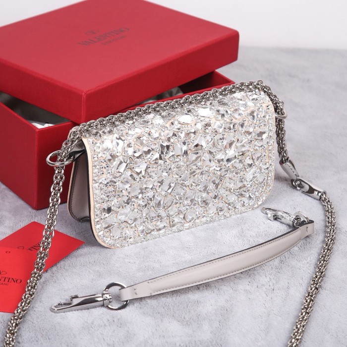 Valentino Locò Crystal Crossbody Bag, Shoulder Bag Handbags Small Women's Silver 2W0B0K53MKK-UV4 L19*W5*H10.5 cm