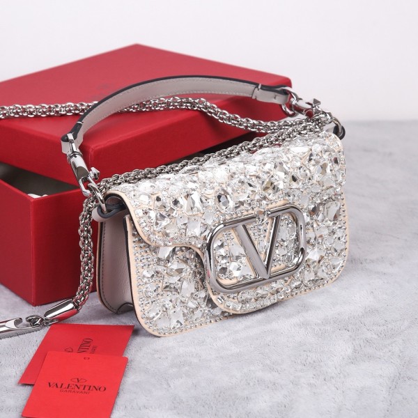 Valentino Locò Crystal Crossbody Bag, Shoulder Bag Handbags Small Women's Silver 2W0B0K53MKK-UV4 L19*W5*H10.5 cm