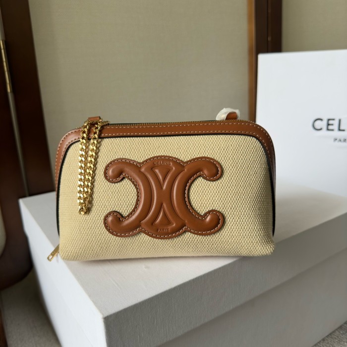CELINE Cuir Triomphe Arc De Triomphe Fabric With Cow Leather One Shoulder Crossbody Clutch Women's Natural/Tan 10E382DTL-02NT L16*W8*H11cm