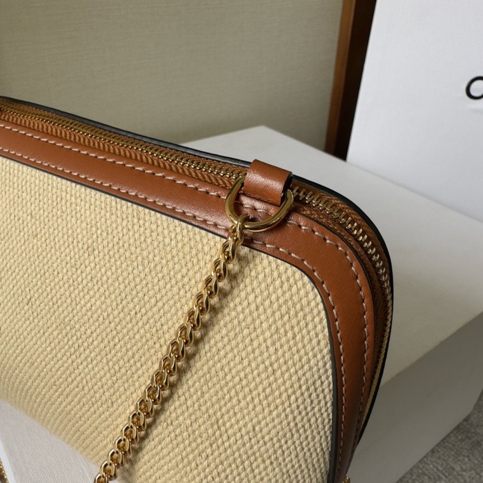 CELINE Cuir Triomphe Arc De Triomphe Fabric With Cow Leather One Shoulder Crossbody Clutch Women's Natural/Tan 10E382DTL-02NT L16*W8*H11cm