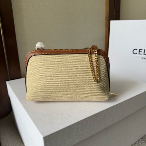 CELINE Cuir Triomphe Arc De Triomphe Fabric With Cow Leather One Shoulder Crossbody Clutch Women's Natural/Tan 10E382DTL-02NT L16*W8*H11cm