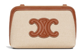 CELINE Cuir Triomphe Arc De Triomphe Fabric With Cow Leather One Shoulder Crossbody Clutch Women's Natural/Tan 10E382DTL-02NT L16*W8*H11cm