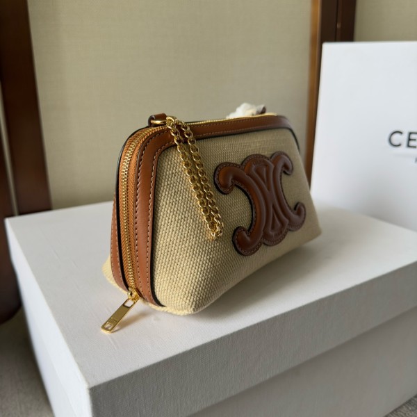 CELINE Cuir Triomphe Arc De Triomphe Fabric With Cow Leather One Shoulder Crossbody Clutch Women's Natural/Tan 10E382DTL-02NT L16*W8*H11cm