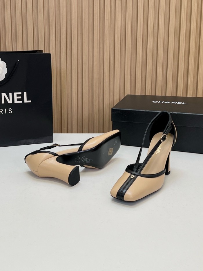 CHANEL 26K Sheepskin/Sheepskin Chunky Heel High Heels 8.5cm Women's Beige & Black