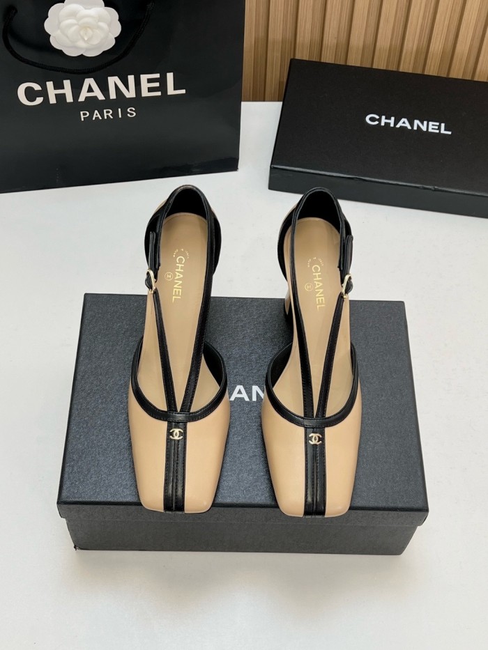 CHANEL 26K Sheepskin/Sheepskin Chunky Heel High Heels 8.5cm Women's Beige & Black