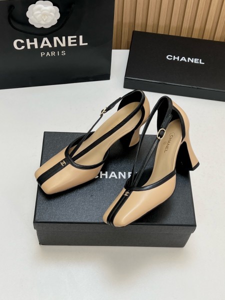 CHANEL 26K Sheepskin/Sheepskin Chunky Heel High Heels 8.5cm Women's Beige & Black