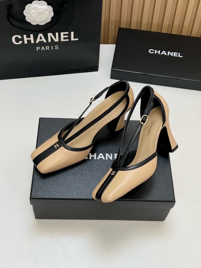 CHANEL 26K Sheepskin/Sheepskin Chunky Heel High Heels 8.5cm Women's Beige & Black