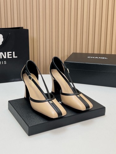 CHANEL 26K Sheepskin/Sheepskin Chunky Heel High Heels 8.5cm Women's Beige & Black