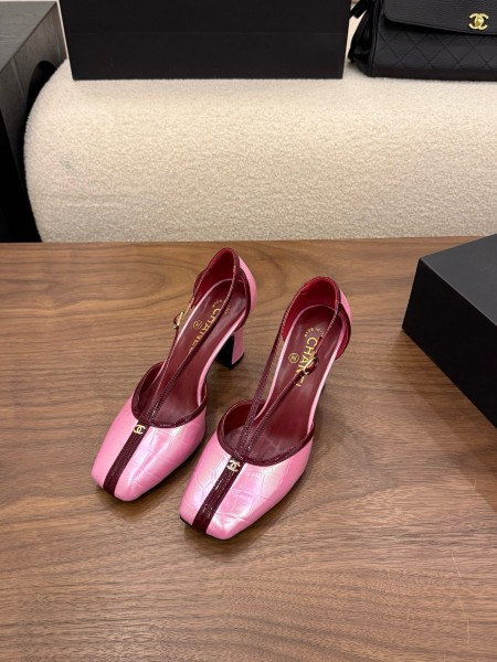 CHANEL 26K Sheepskin/Sheepskin Chunky Heel High Heels 8.5cm Women's pink