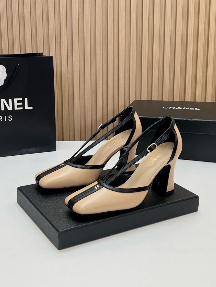 CHANEL 26K Sheepskin/Sheepskin Chunky Heel High Heels 8.5cm Women's Beige & Black