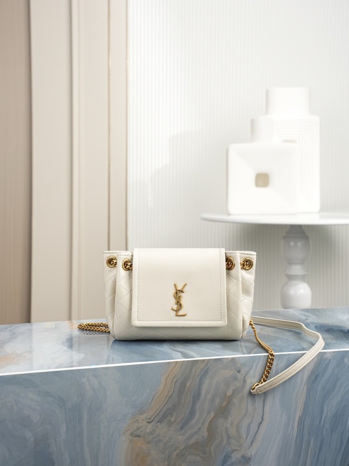 SAINT LAURENT Nolita Diamond Pattern Sheepskin Crossbody Bag, Shoulder Bag Mini Women's White 672738-1EL07-9207 size L18*W6*H13 cm