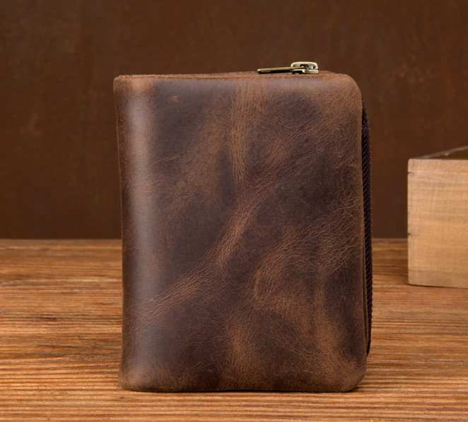 Horse leather wallet retro vertical zipper money collet layer cowhide simple old wallet man