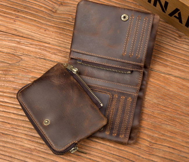 Horse leather wallet retro vertical zipper money collet layer cowhide simple old wallet man