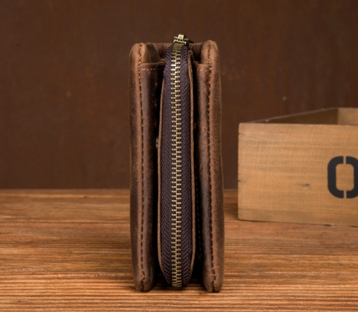 Horse leather wallet retro vertical zipper money collet layer cowhide simple old wallet man