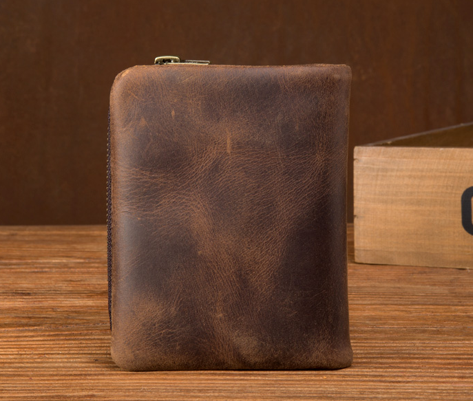 Horse leather wallet retro vertical zipper money collet layer cowhide simple old wallet man