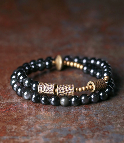 Eye colored Obsidian Obsidian beads double-layer Bracelet female retro personality Design Bracelet male adjustable
