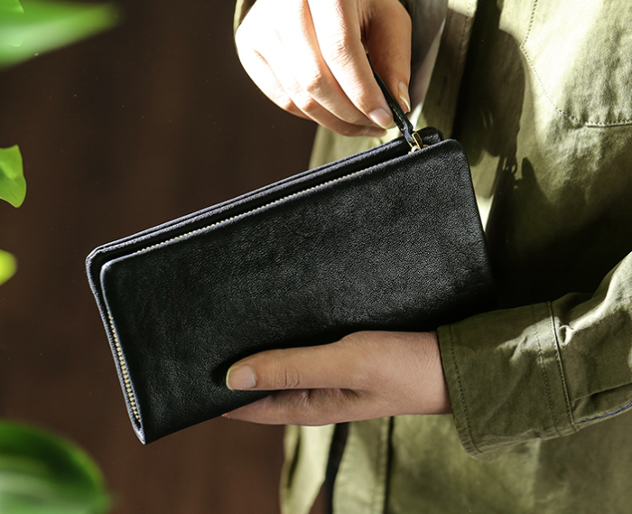 Handbag men's leather zipper Long Wallet large capacity leisure men's top leather handbag
