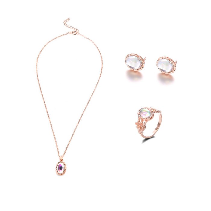 White Women Dazzling Artificial Stone Trend Ring Necklace Earring Set Ladies Fashion Geometric Metal Jewelry Necklace Set Choker